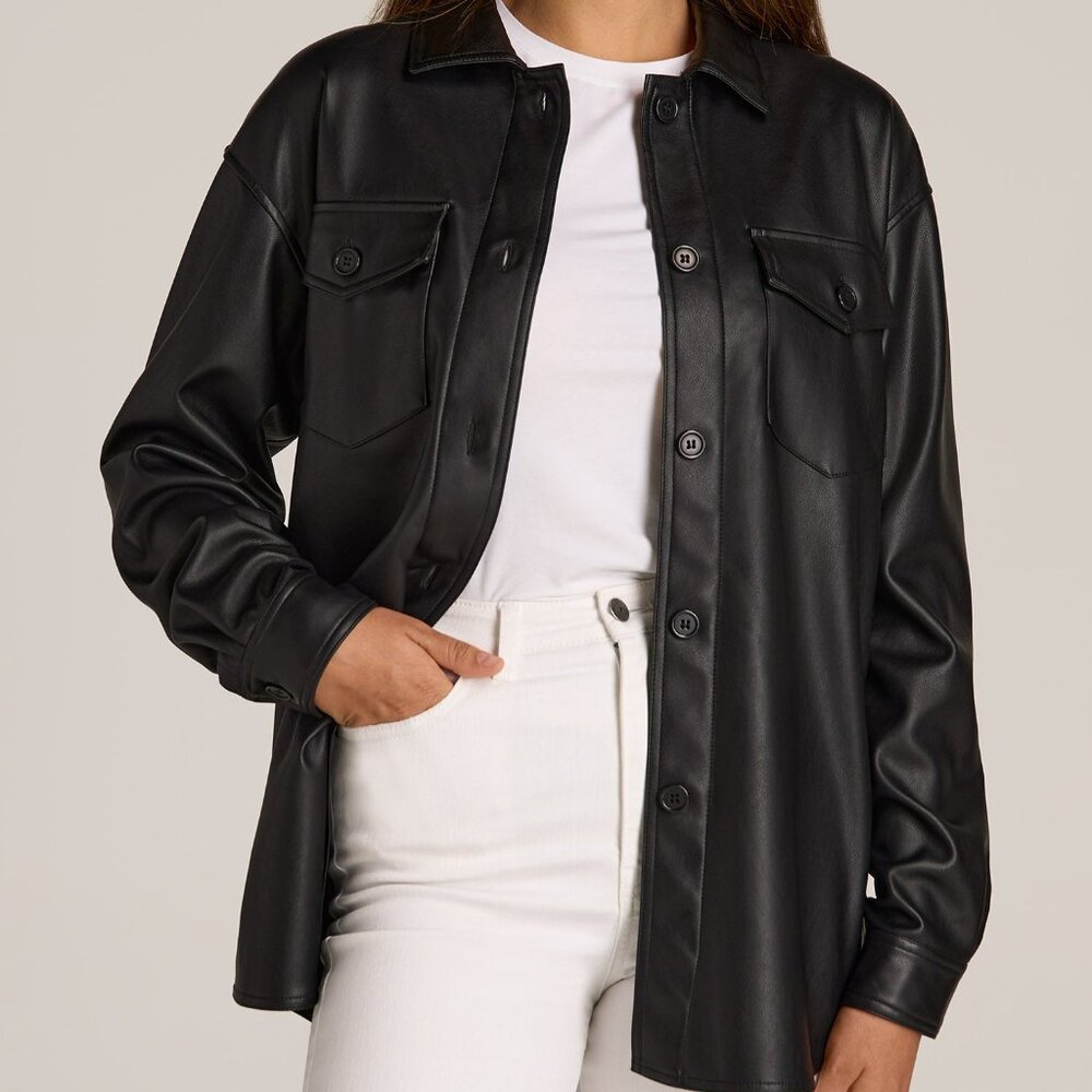 American Tall Faux Leather Shirt Jacket for Tall Women in Black Size LL / Extra
